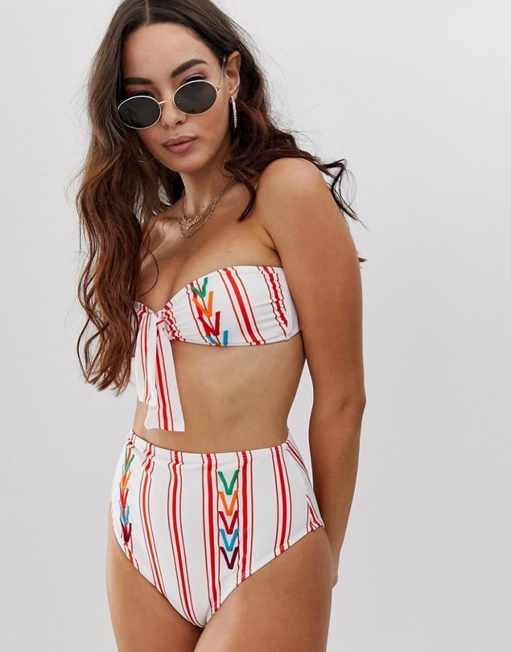 Asos Design Recycled Chevron Embroidered Tie High Waist Bikini Bottom In Red Stripe-multi