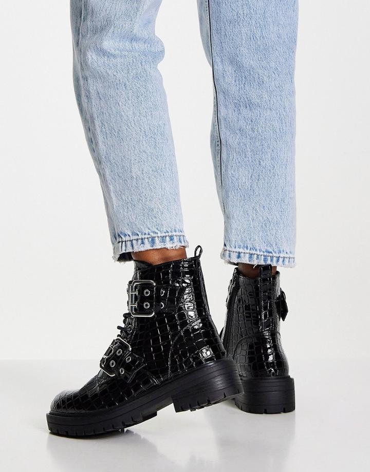 New Look Chunky Double Buckle Flat Boot In Black Croc