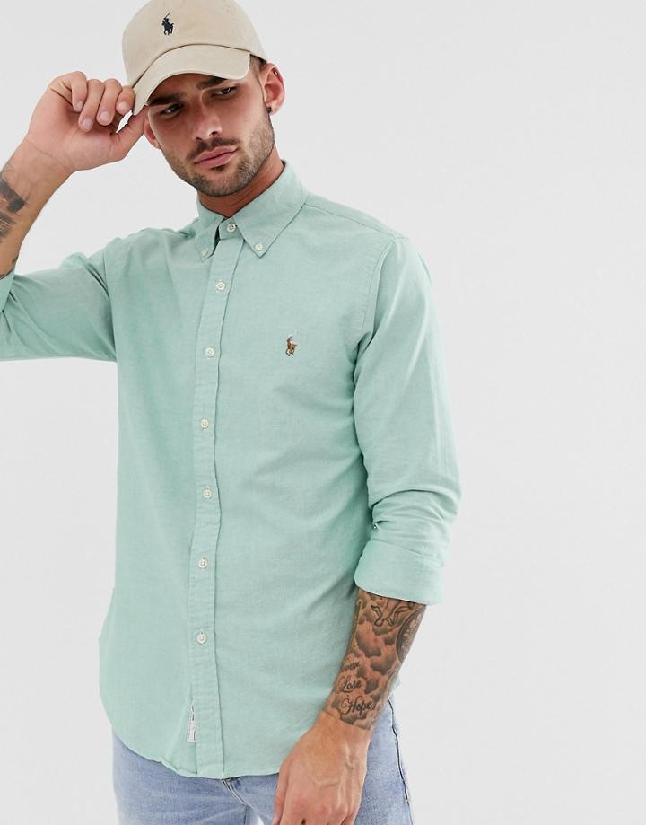 Polo Ralph Lauren Oxford Shirt Slim Fit Button Down Multi Player Logo In Green Marl