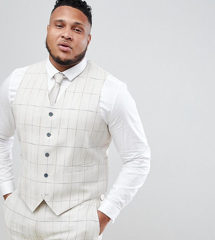Gianni Feraud Plus Skinny Fit Wedding Windowpane Check Vest - Cream