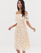 Little Mistress Bardot Short Sleeve Midi Dress-cream
