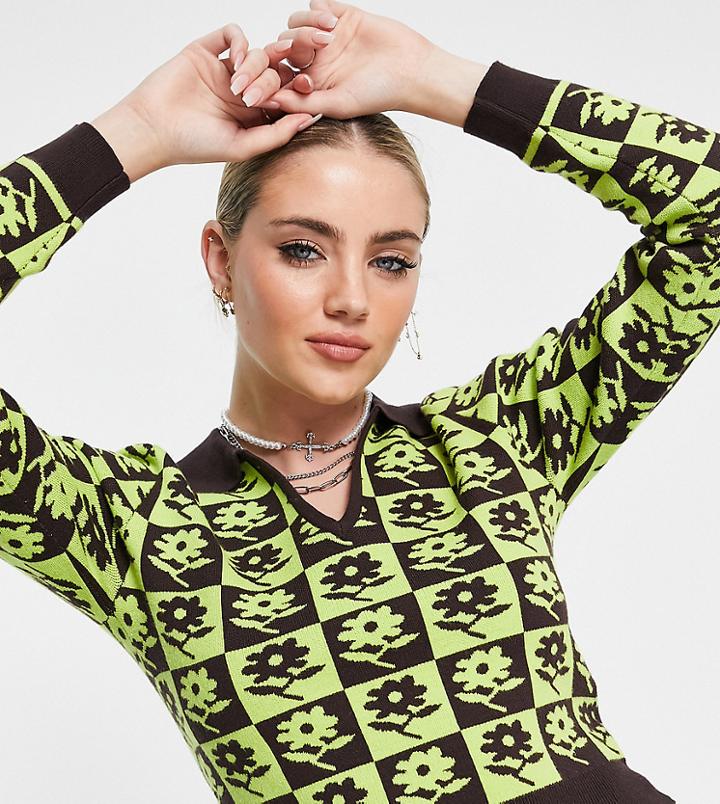 Reclaimed Vintage Inspired Polo Checkerboard Flower Print Sweater In Brown-multi