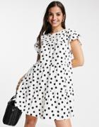 Asos Design Frill Sleeve Tiered Smock Dress In Mono Spot-black