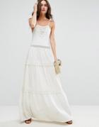 Asos Maxi Dress With Lace Inserts & Pom Poms - White