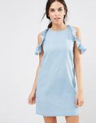 Daisy Street Cold Shoulder Denim Dress With Frill Details - Light Denim