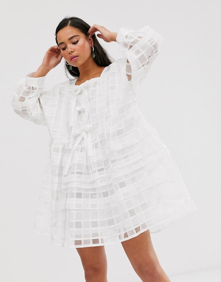 Sister Jane Mini Smock Dress With Bow Front Detail In Sheer Organza Check - White