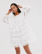 Sister Jane Mini Smock Dress With Bow Front Detail In Sheer Organza Check - White