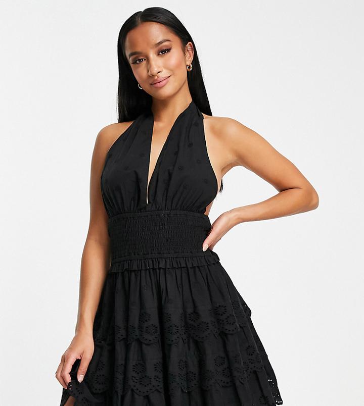 Miss Selfridge Petite Broderie Halter Wrap Mini Dress In Black