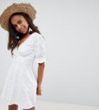Asos Design Petite Broderie Button Through Tea Dress - White