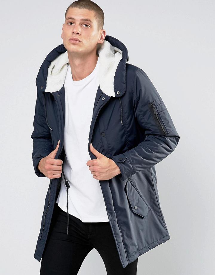 Brave Soul Fleece Lined Hooded Parka Jacket - Navy