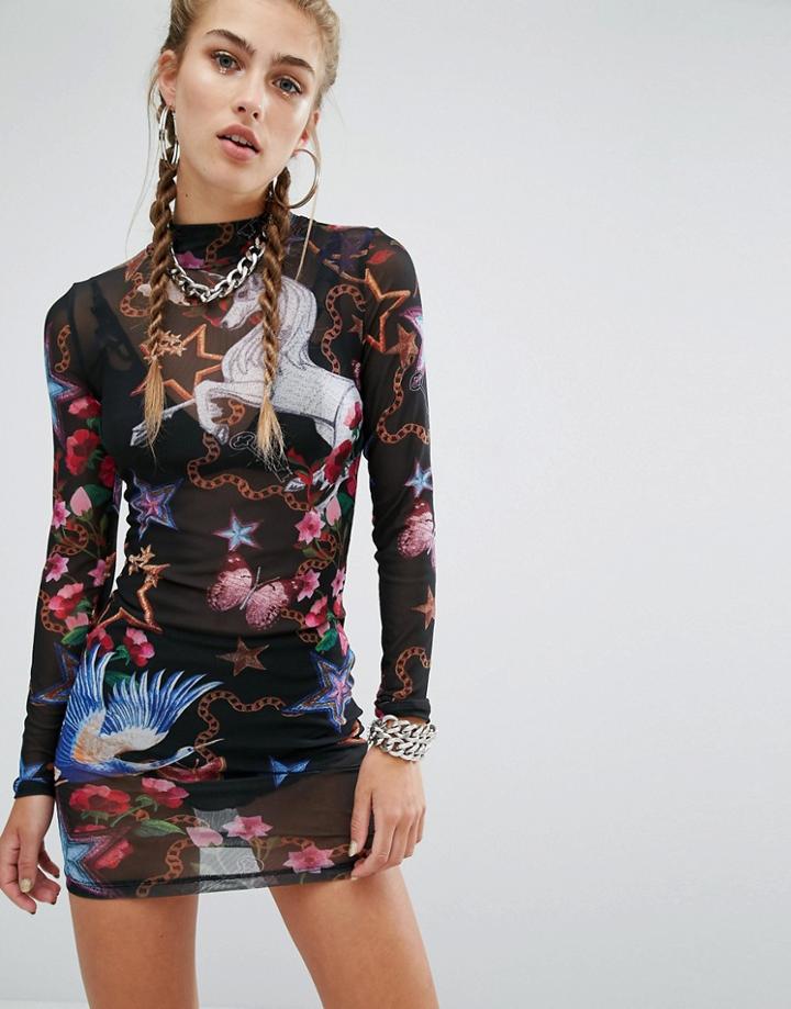 Jaded London Sheer High Neck Mini Boydcon Dress In Unicorn Print - Black