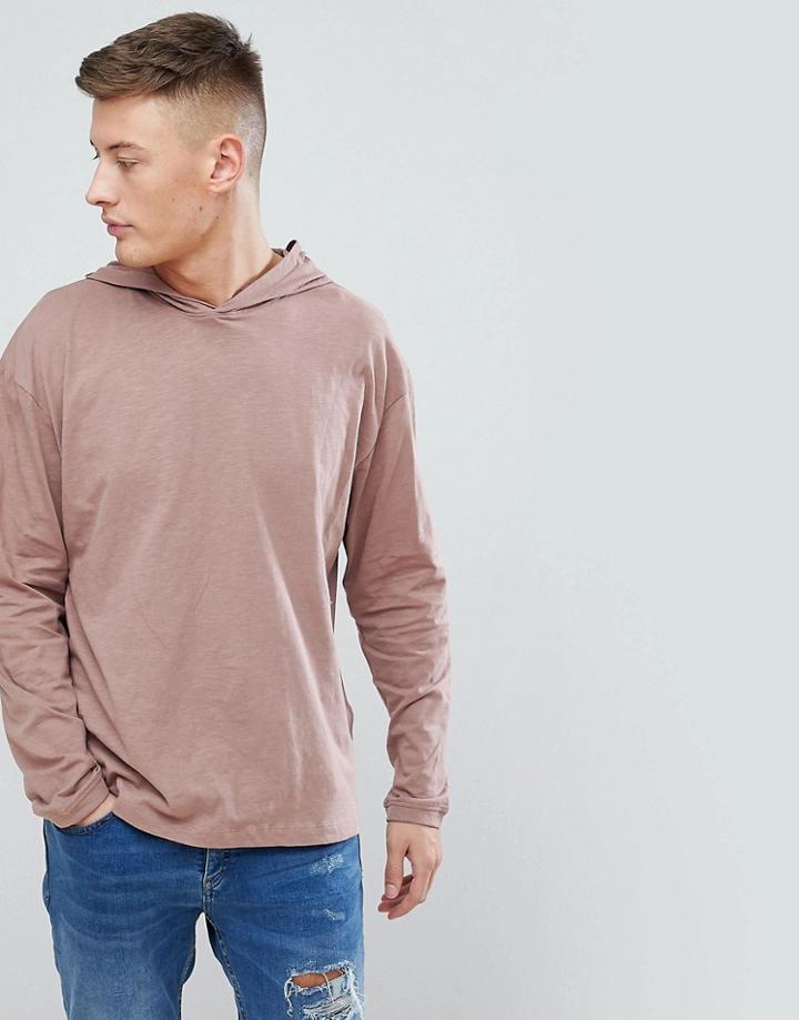 New Look Long Sleeve T-shirt With Hood In Mauve - Pink