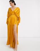 Asos Design Chain Insert Maxi Dress In Yellow Satin Stripe-multi
