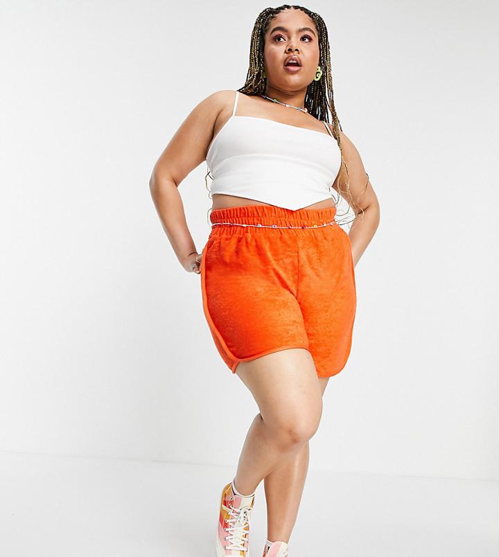Asos Design Curve Set Towelling Short With Curved Hem In Ruby Orange