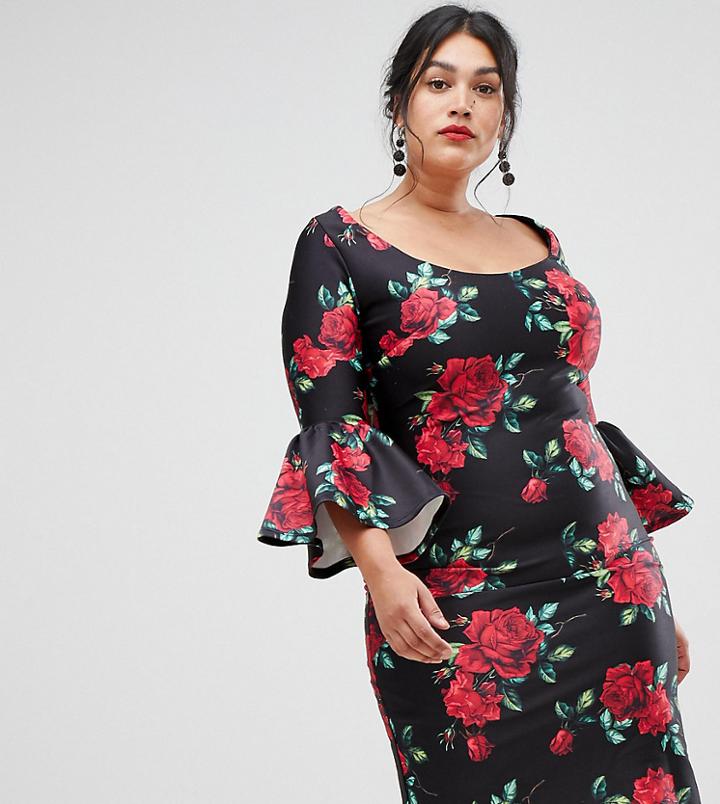 City Goddess Plus Bell Sleeve Rose Print Shift Dress - Red