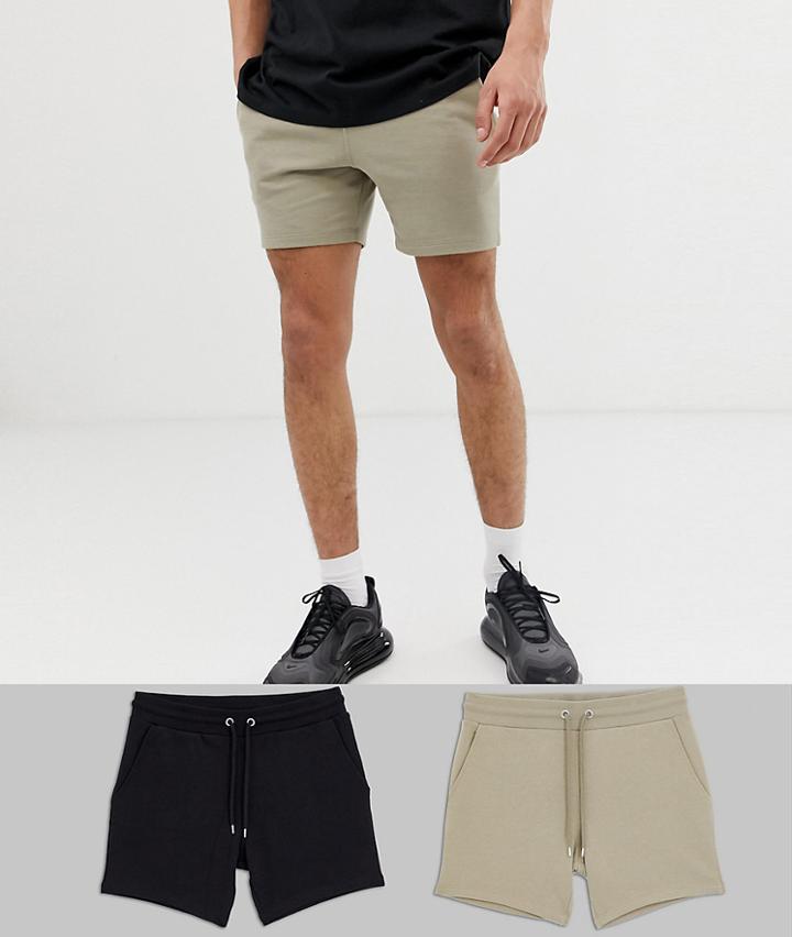 Asos Design Tall Jersey Skinny Shorts 2 Pack In Shorter Length Light Green/black - Multi