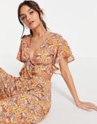 Asos Design Flutter Sleeve Crop Top With Tie Front In Floral Print - Part Of A Set-multi