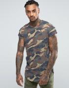 Only & Sons Longline T-shirt With Curved Hem And Cap Sleeve In Camo - Green
