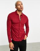 Asos Design Organic Long Sleeve Button Through Jersey Shirt In Burgundy-red
