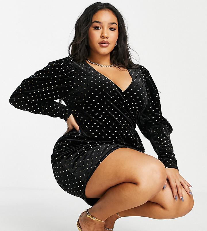 Saint Genies Plus Printed Velvet Long Sleeve Wrap Mini Dress In Black