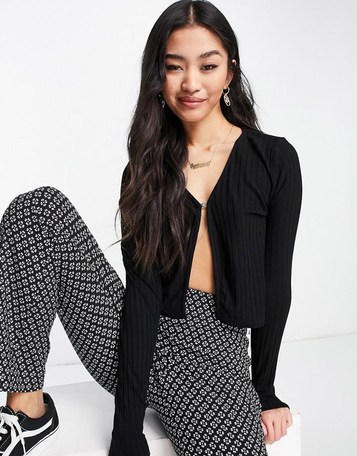 Stradivarius Micro Cardi With Gold Trim In Black