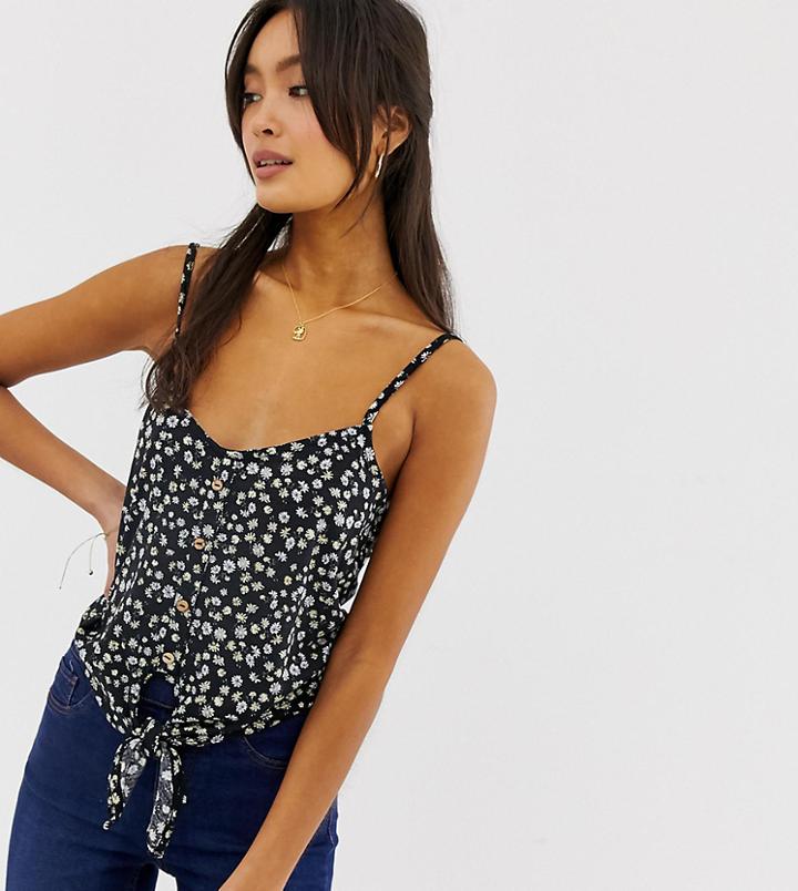 New Look Tie Front Cami In Black Pattern - Black