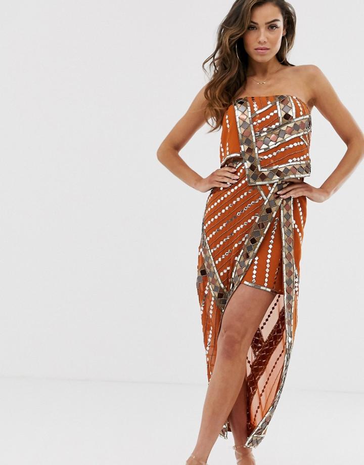 Asos Design Bandeau Midi Dress With Tile Geometric Embellishment-orange