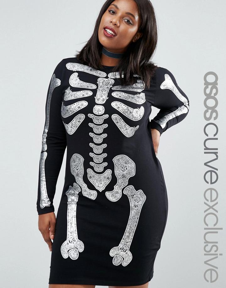 Asos Curve Halloween Foil Skeleton Bodycon Dress - Black