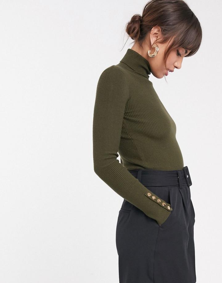 Asos Design Gold Button Cuff Roll Neck-green