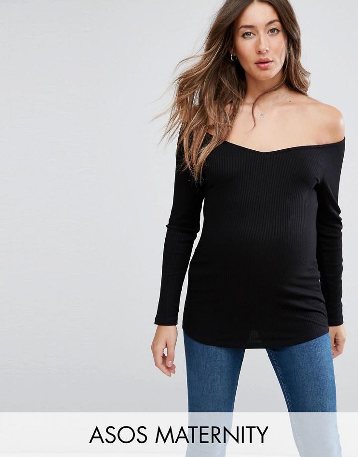 Asos Maternity Off Shoulder V Front Top In Rib - Black