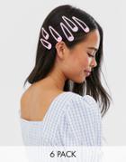 Asos Design Pack Of 6 Snap Hair Clips In Pink Plain And Glitter