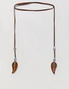 Asos Design Leather Wrap Around Bolo Necklace With Feathers - Brown