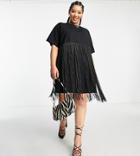 Asos Design Curve Mini T-shirt Dress With Fringing In Black-pink