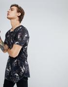Asos Super Longline T-shirt With Floral Skull Print In Linen Look And Raw Edge - Black