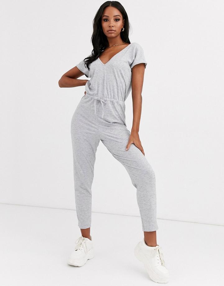 Asos Design V Neck Lounge Wear Jumpsuit With Tie Waist-gray