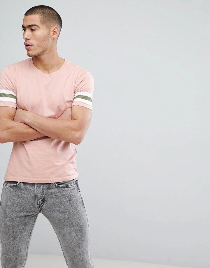Only & Sons T-shirt With Stripe Sleeve Detail - Pink