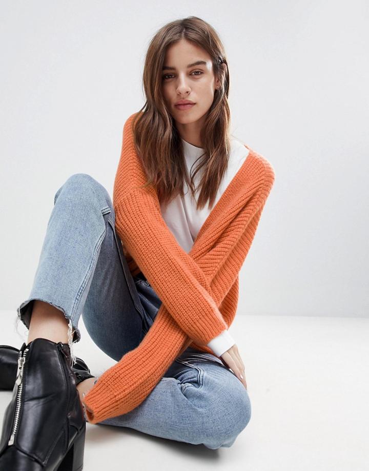 Asos Chunky Cardigan In Fluffy Rib - Orange