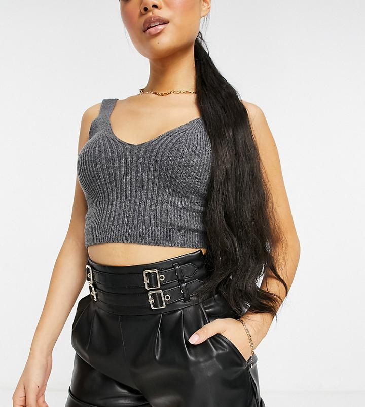 River Island Petite Faux Leather Paperbag Shorts In Black