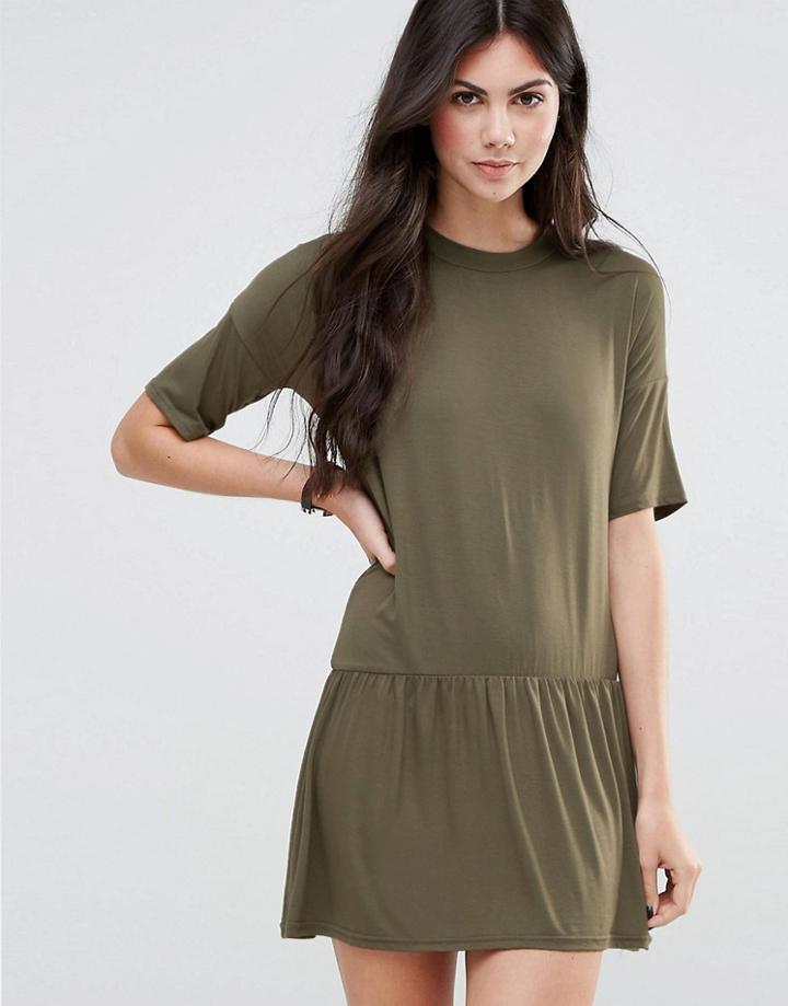 Daisy Street Tee Dress With Pleated Hem - Green