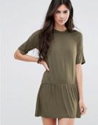 Daisy Street Tee Dress With Pleated Hem - Green