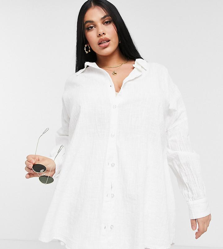 Asos Design Curve Textured Button Through Beach Shirt In White