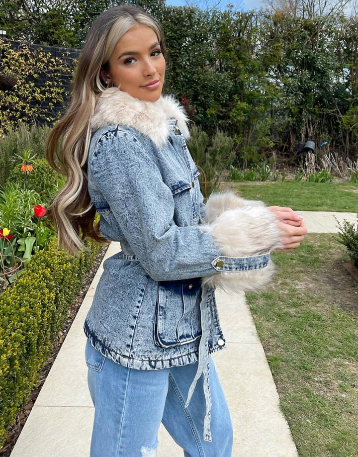 Parisian Denim Jacket With Faux Fur Cuff And Collar In Acid Wash-blues