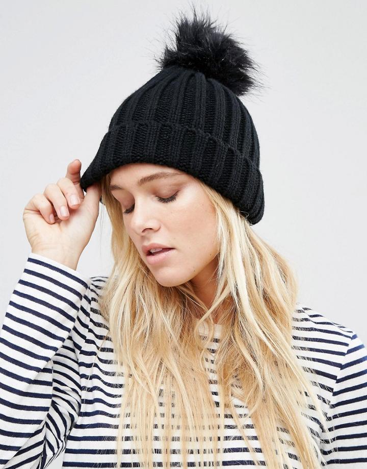 Warehouse Faux Fur Pom Ribbed Hat - Black