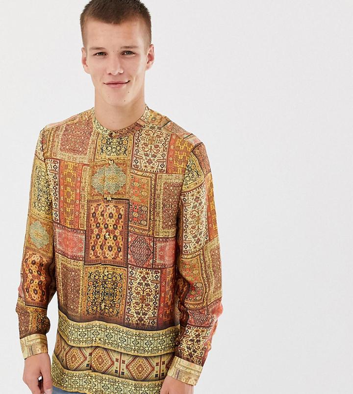 Asos Design Tall Regular Fit Paisley Border Print Shirt With Grandad Collar-brown
