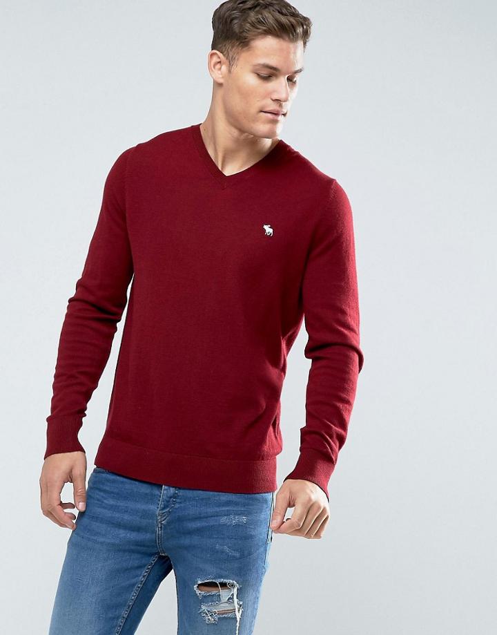 Abercrombie & Fitch V-neck Sweater Fine Gauge Icon Logo In Red - Red