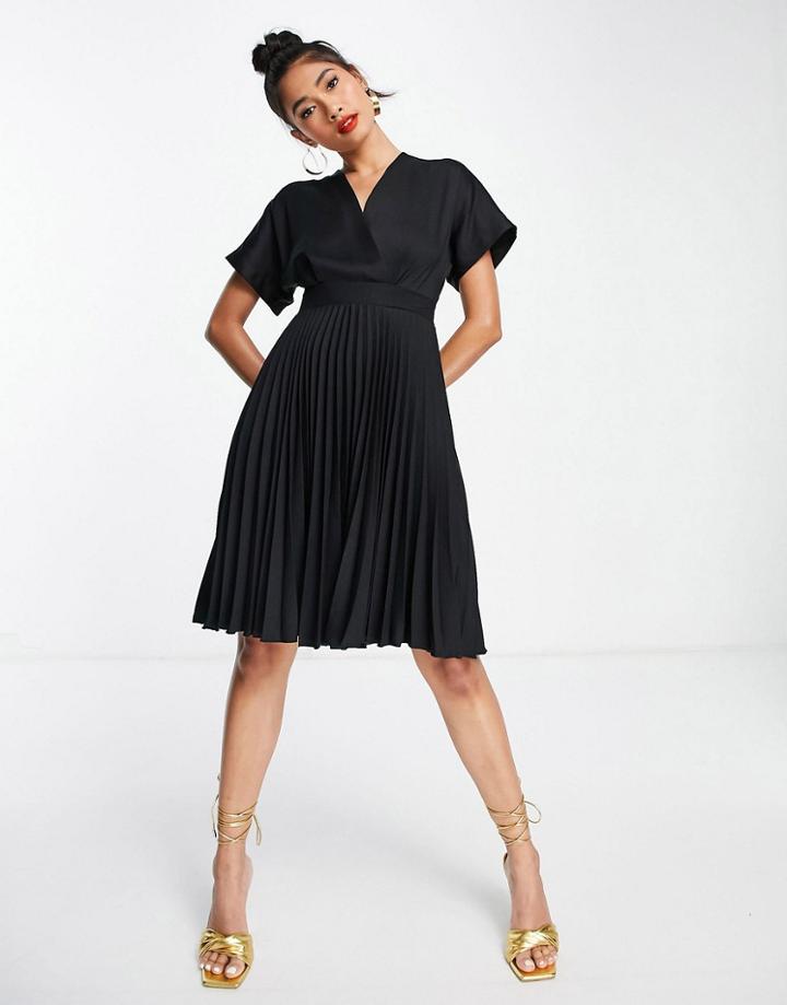 Closet London Wrap Front Pleated Midi Skater Dress In Black