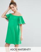 Asos Maternity Off Shoulder Pom Pom Sundress - Green