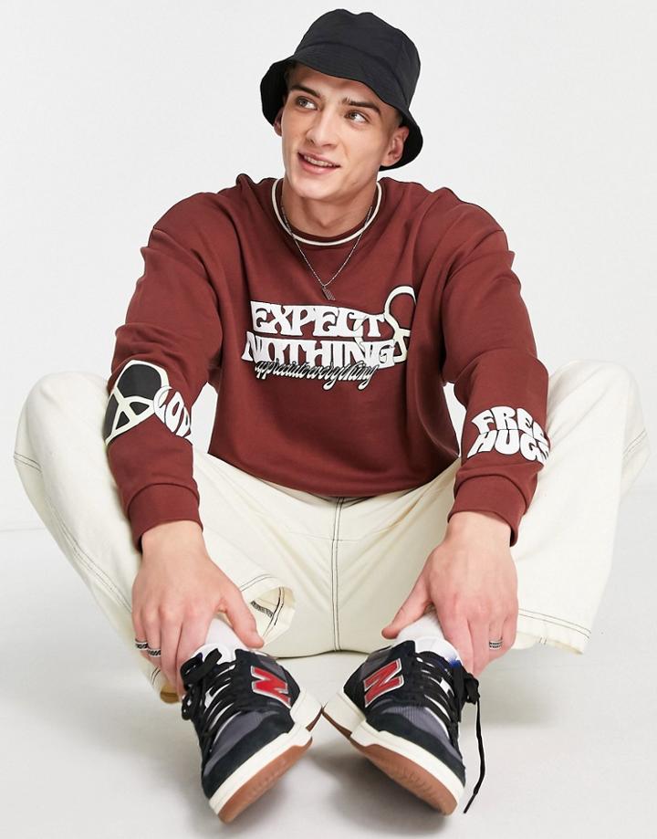 Asos Design Oversized Sweatshirt In Brown With Text Prints