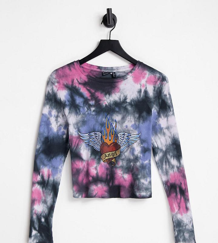 Asos Design Curve Cropped Long Sleeve T-shirt In Tie-dye With Tattoo Front Print-multi