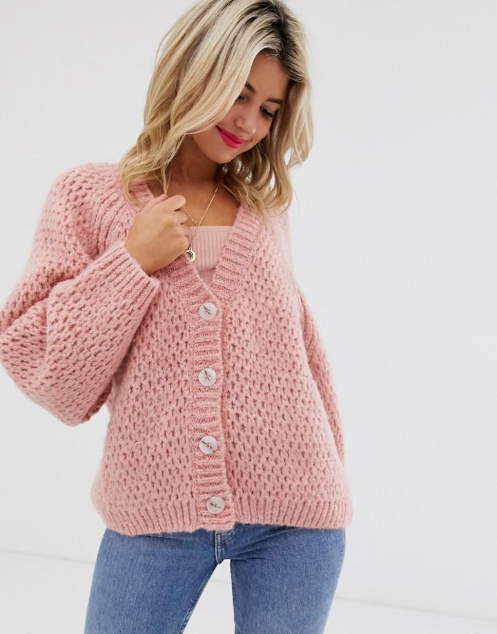 Asos Design Waffle Stitch Cardigan With Volume Sleeve - Pink